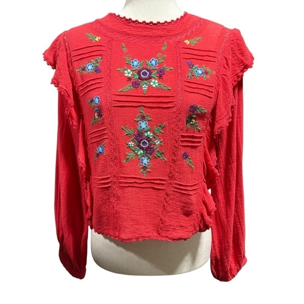 Free People The Amy Red Floral Embroidered Top Long Sleeve‎ Sz XS Boho Ruffles